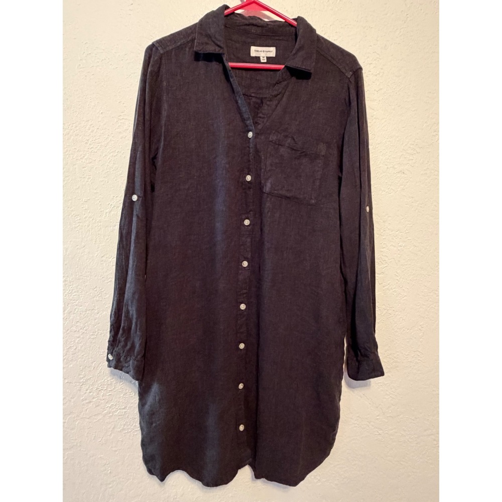 Thread & Supply Black Linen Blend Button Down Shirt Dress D1391LRTS